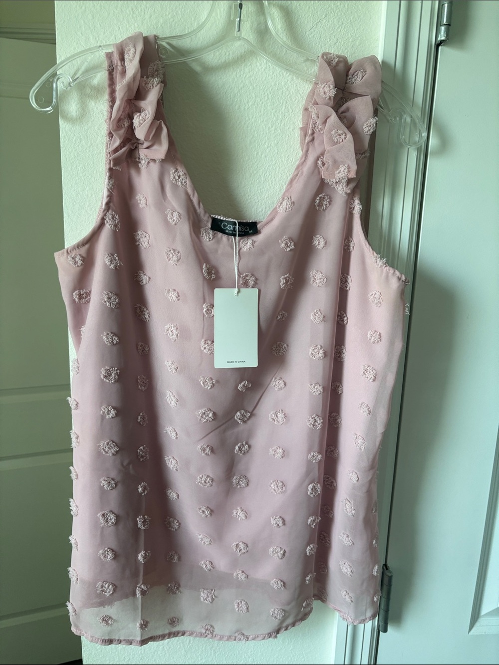 Camisa Blush Pink Ruffle Embroidered Dot Top